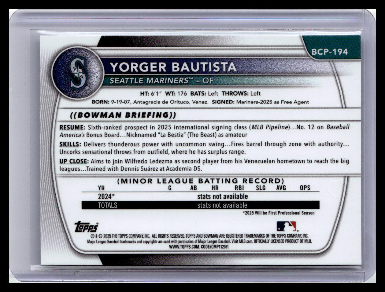 2025 Bowman Chrome #BCP-194 Yorger Bautista Prospects 1st Bowman