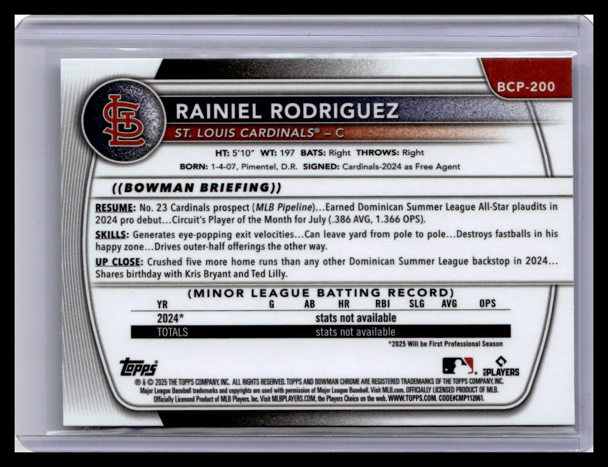 2025 Bowman Chrome #BCP-200 Rainiel Rodriguez Prospects 1st Bowman