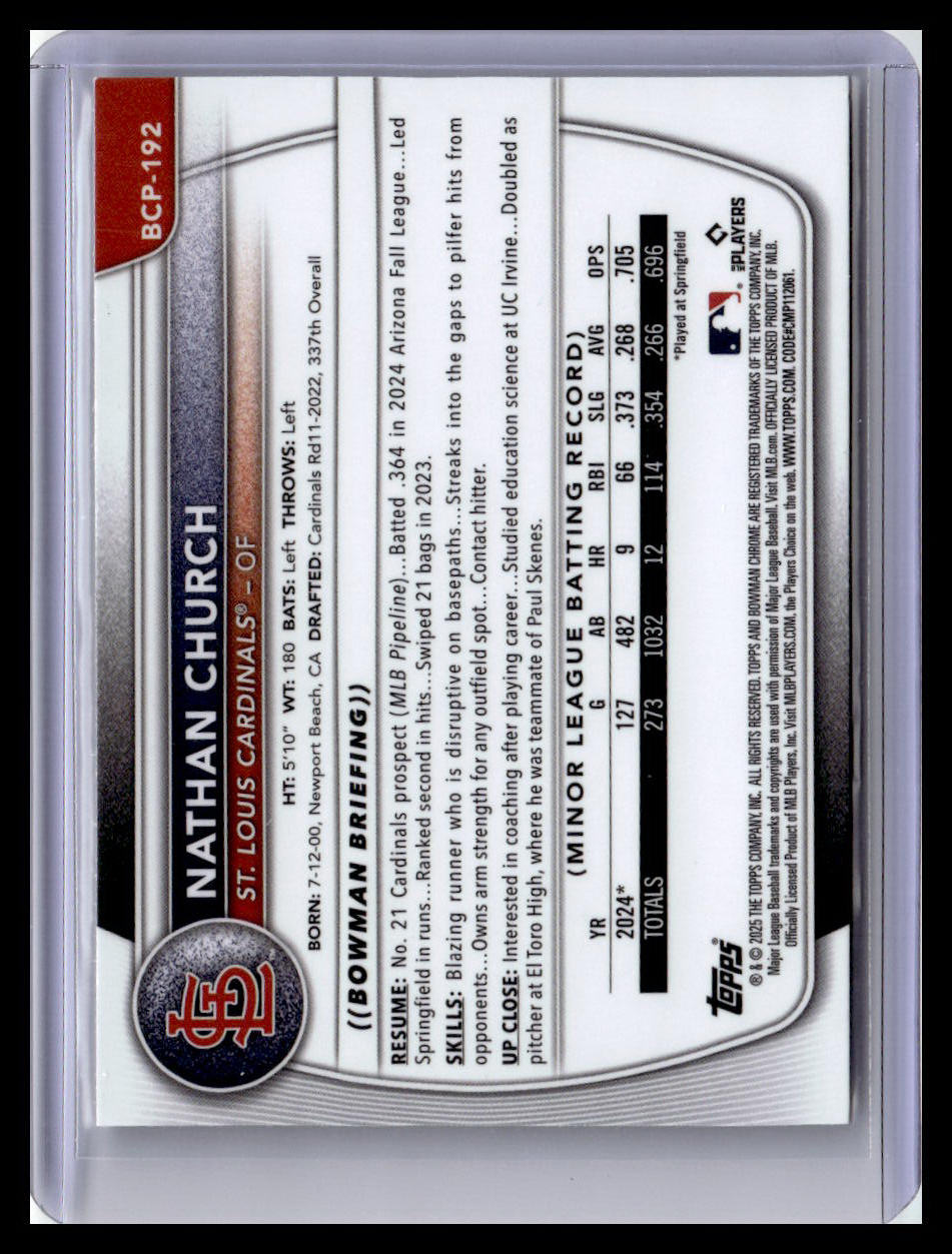 2025 Bowman Chrome #BCP-192 Nathan Church Prospects 1st Bowman