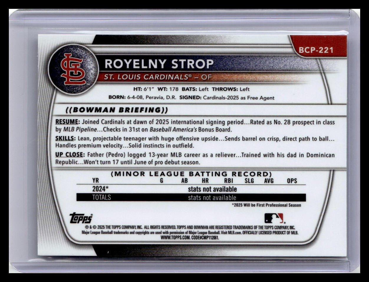 2025 Bowman Chrome #BCP-221 Royelny Strop Prospects 1st Bowman