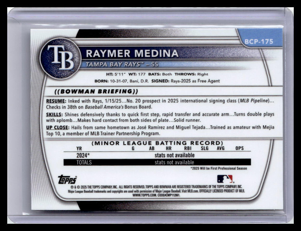 2025 Bowman Chrome #BCP-175 Raymer Medina Prospects 1st Bowman