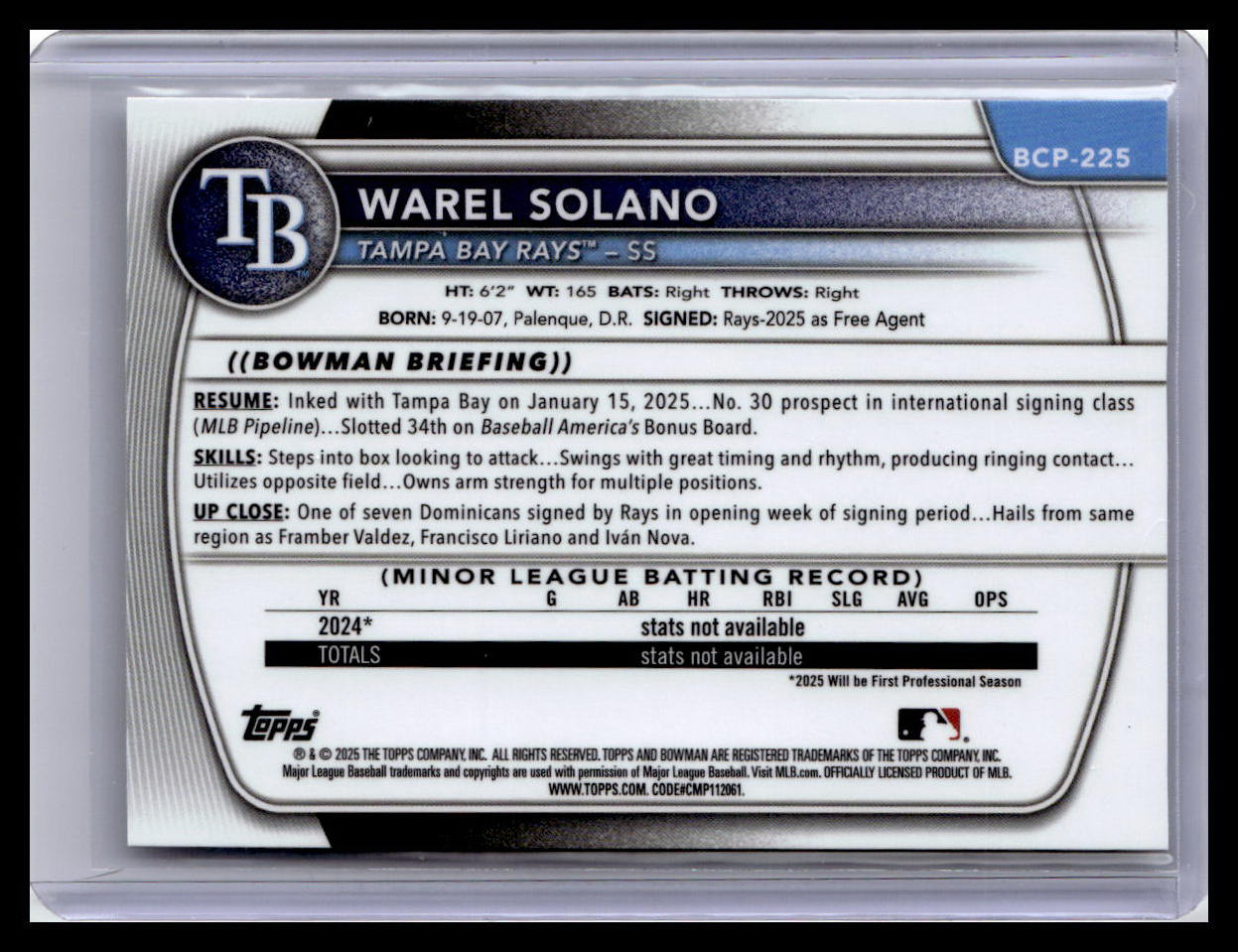 2025 Bowman Chrome #BCP-225 Warel Solano Prospects 1st Bowman 1