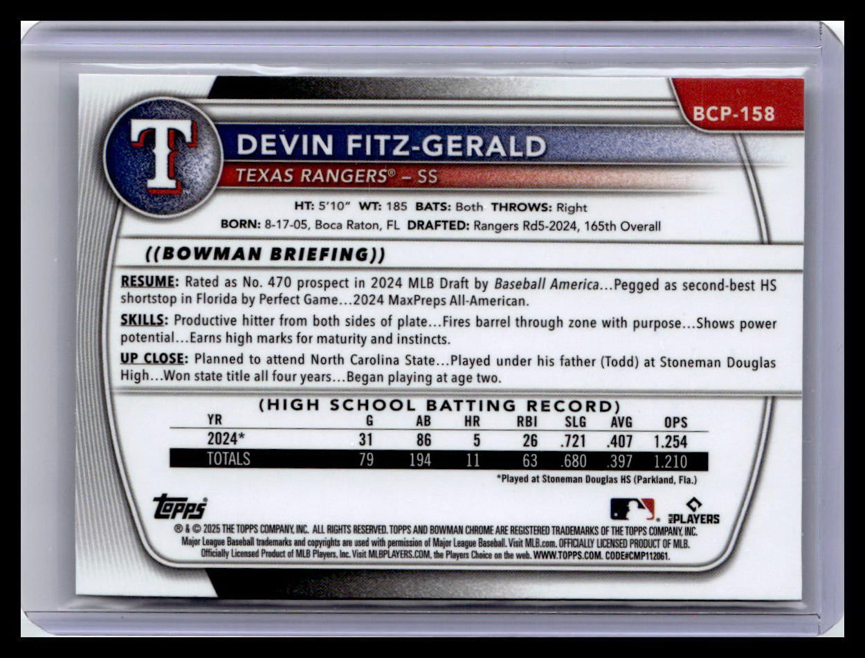 2025 Bowman Chrome #BCP-158 Devin Fitz-Gerald Prospects 1st Bowman