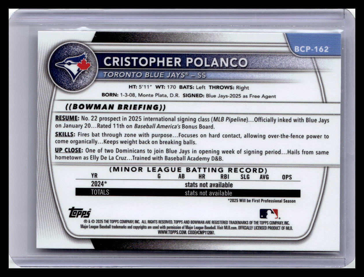 2025 Bowman Chrome #BCP-162 Cristopher Polanco Prospects 1st Bowman