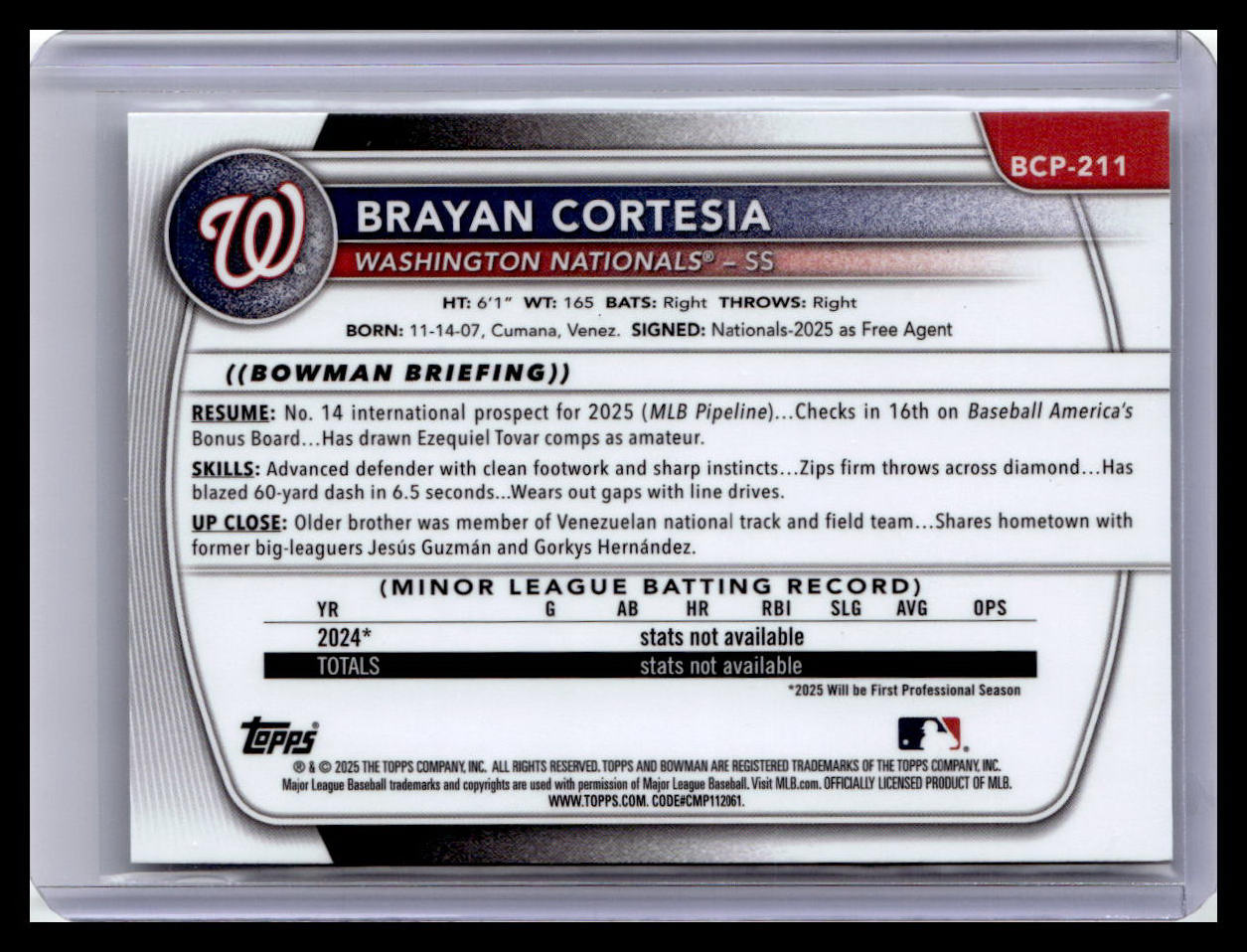 2025 Bowman Chrome #BCP-211 Brayan Cortesia Prospects 1st Bowman