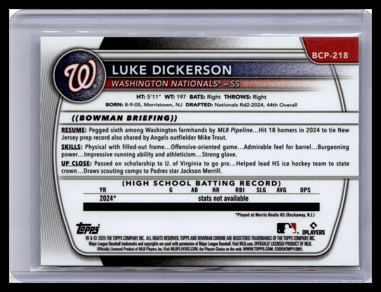 2025 Bowman Chrome #BCP-218 Luke Dickerson Prospects 1st Bowman