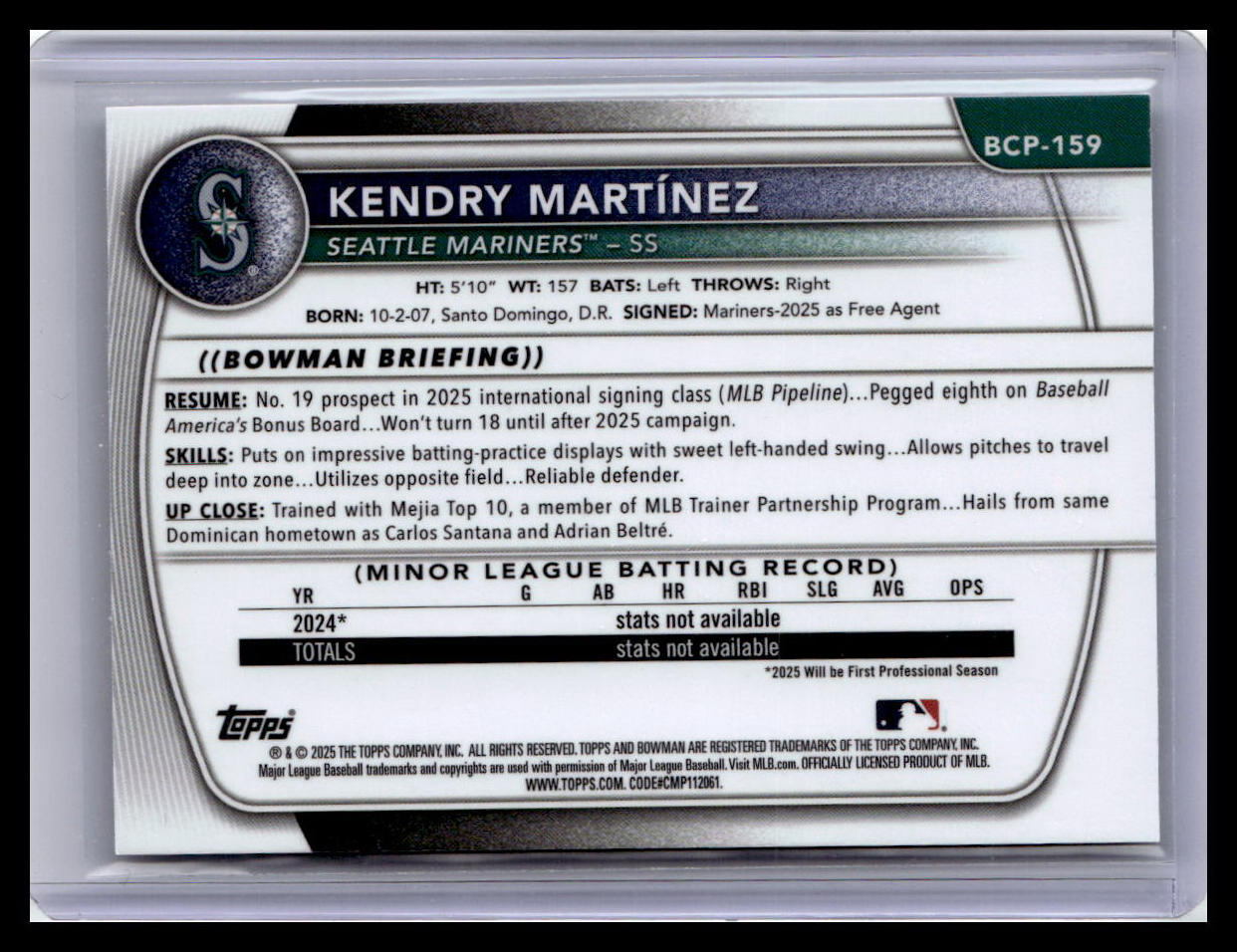 2025 Bowman Chrome #BCP-159 Kendry Martínez Prospects Laser 1st Bowman