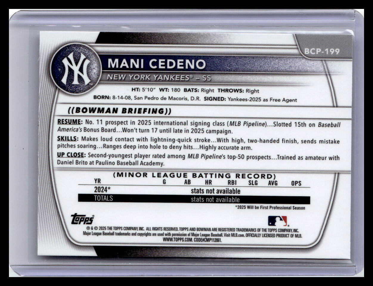 2025 Bowman Chrome #BCP-199 Mani Cedeno Prospects Laser 1st Bowman