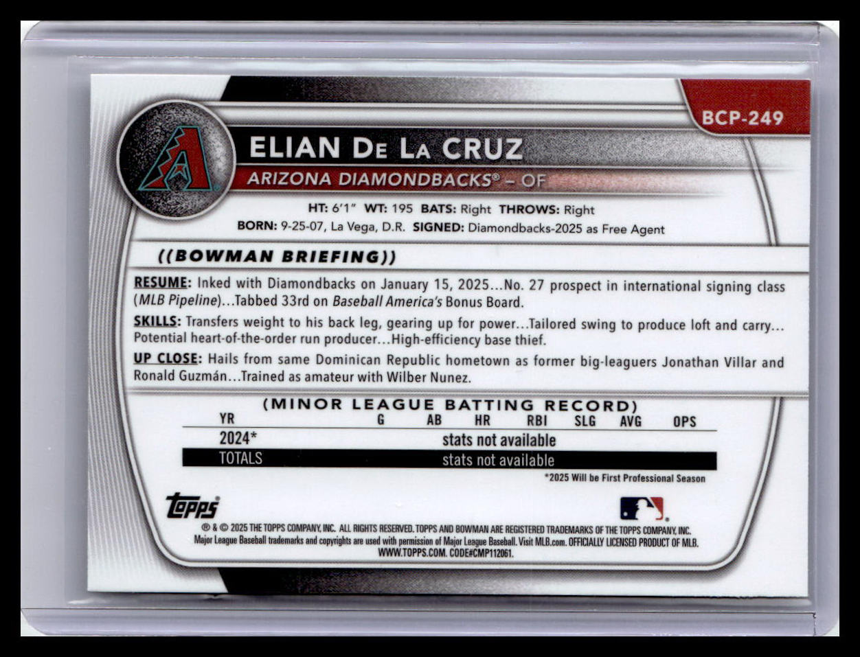 2025 Bowman Chrome #BCP-249 Elian De La Cruz Prospects Laser 1st Bowman