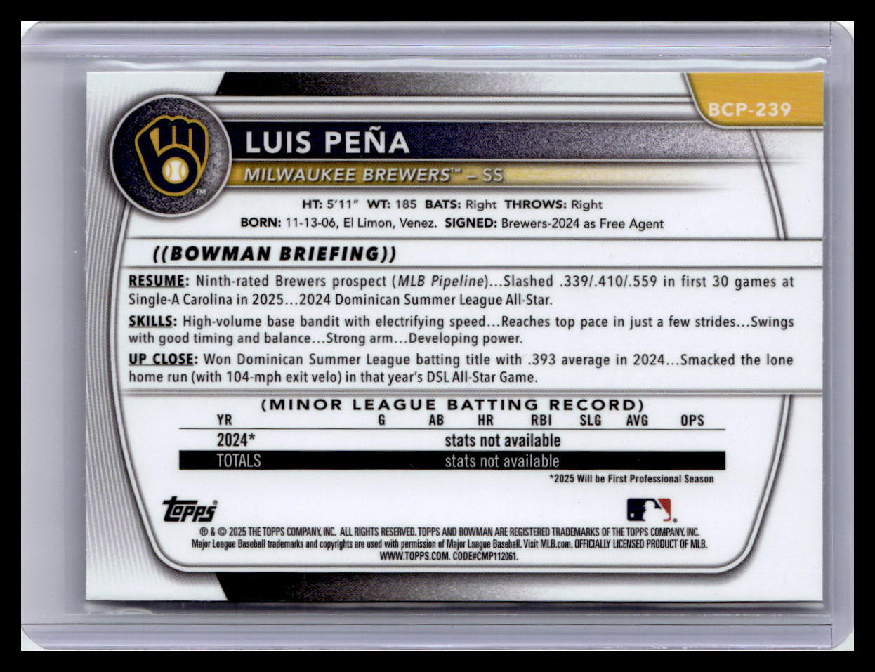 2025 Bowman Chrome #BCP-239 Luis Pena Prospects Laser 1st Bowman