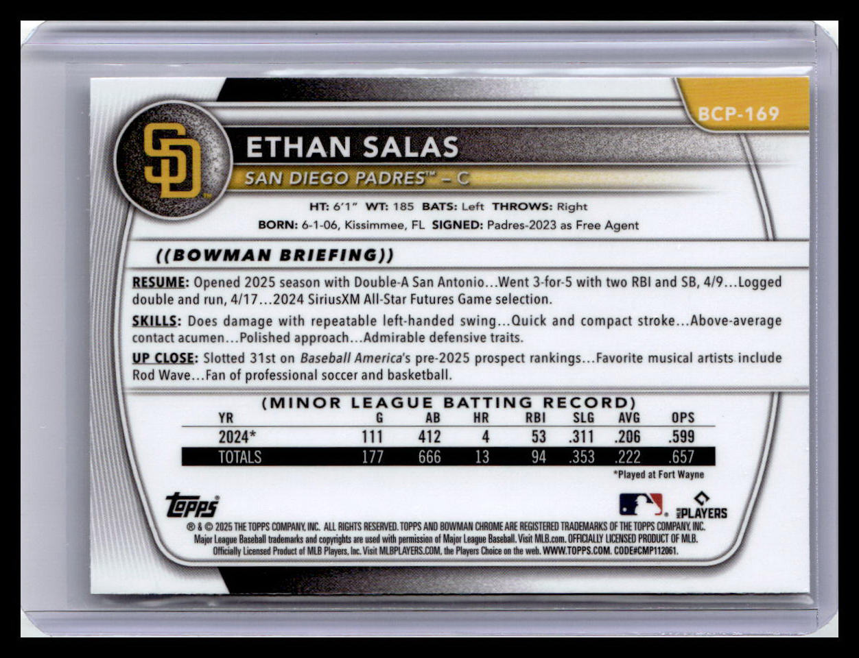 2025 Bowman Chrome #BCP-169 Ethan Salas Prospects Laser 1st Bowman