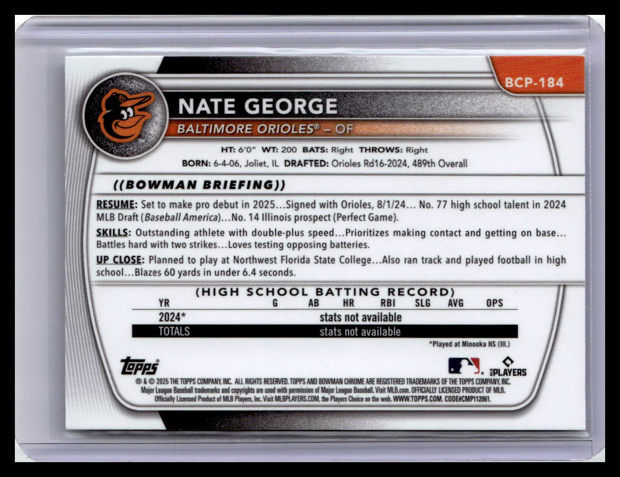 2025 Bowman Chrome #BCP-184 Nate George Prospects Laser 1st Bowman