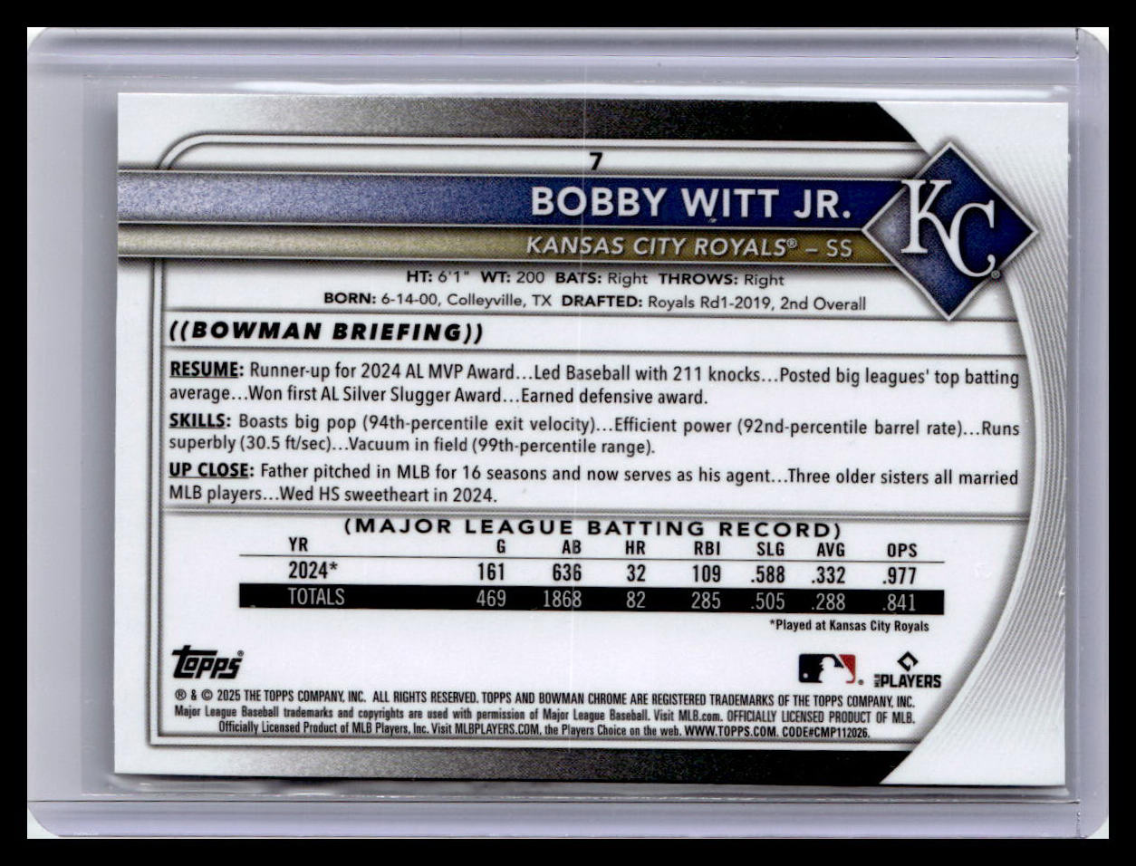 2025 Bowman Chrome #7 Bobby Witt Jr.