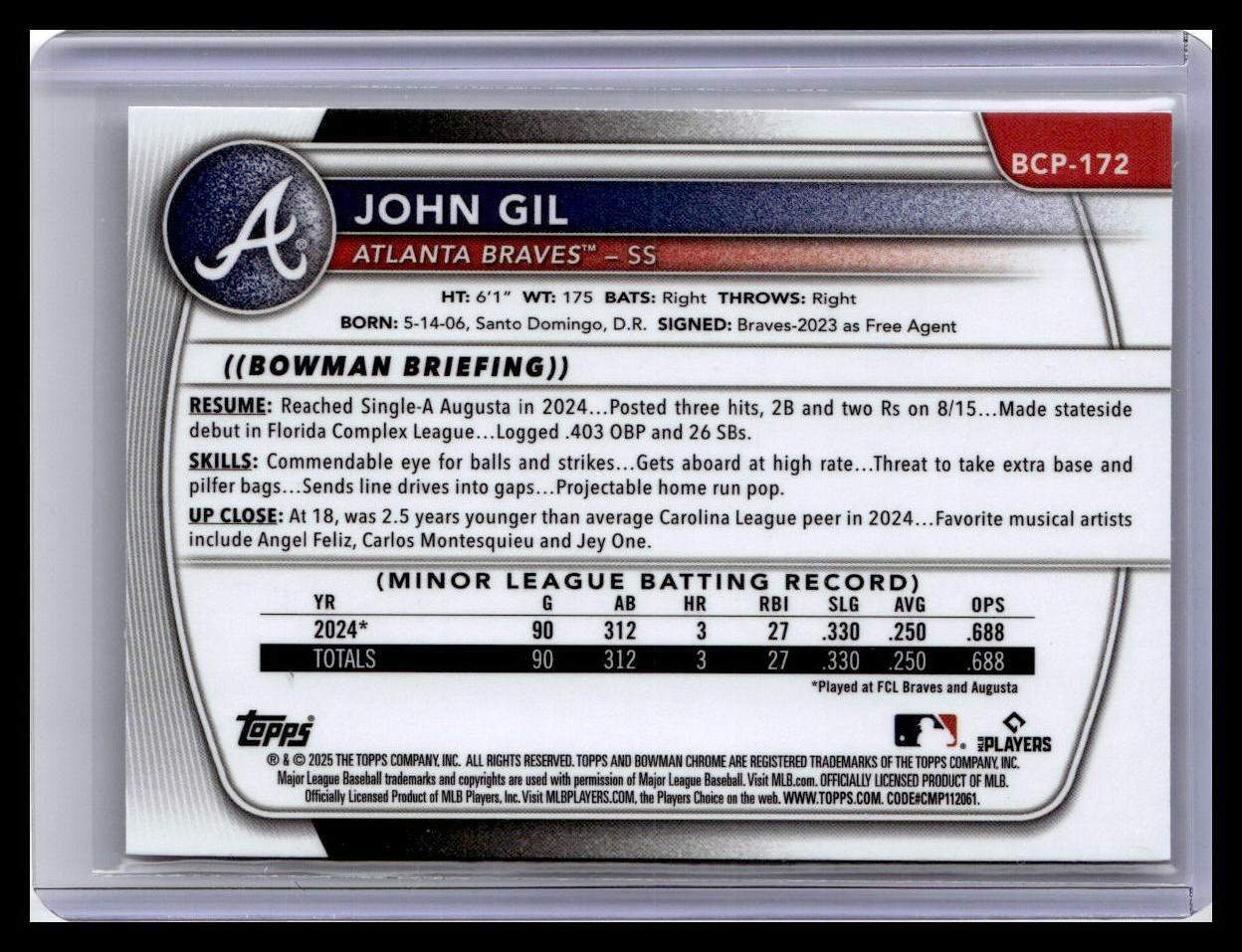 2025 Bowman Chrome #BCP-172 John Gil Prospects 1st Bowman