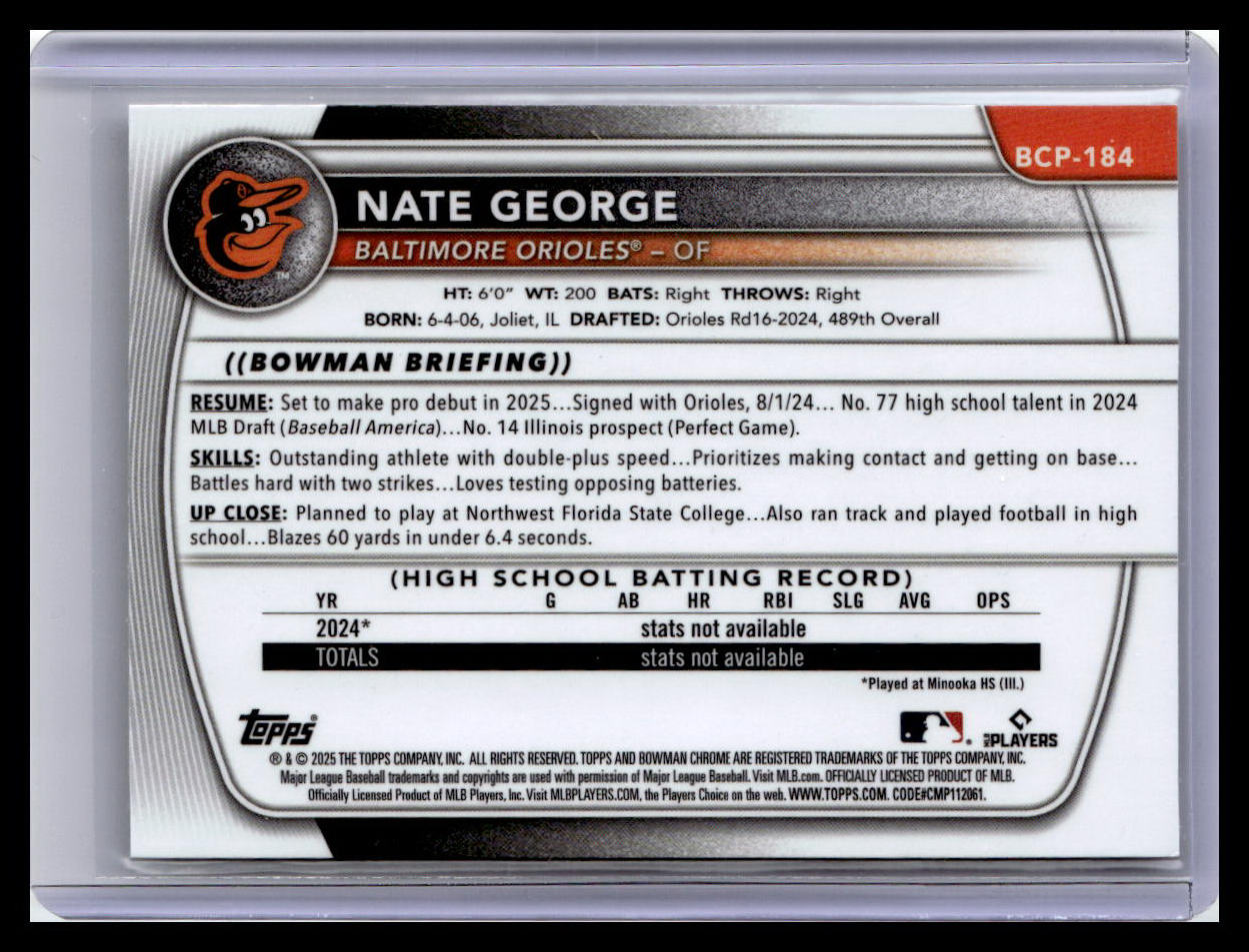 2025 Bowman Chrome #BCP-184 Nate George Prospects 1st Bowman