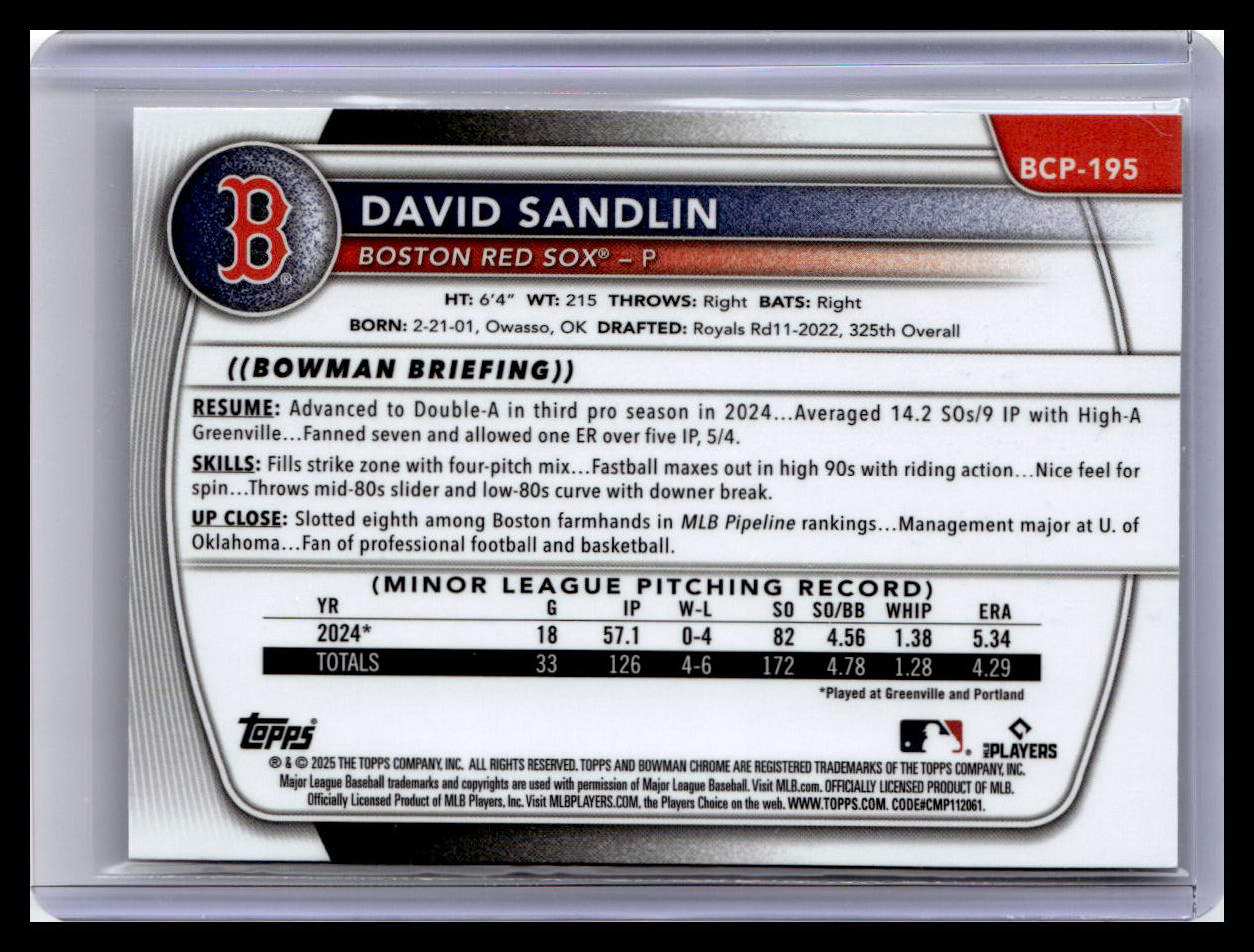 2025 Bowman Chrome #BCP-195 David Sandlin Prospects 1st Bowman