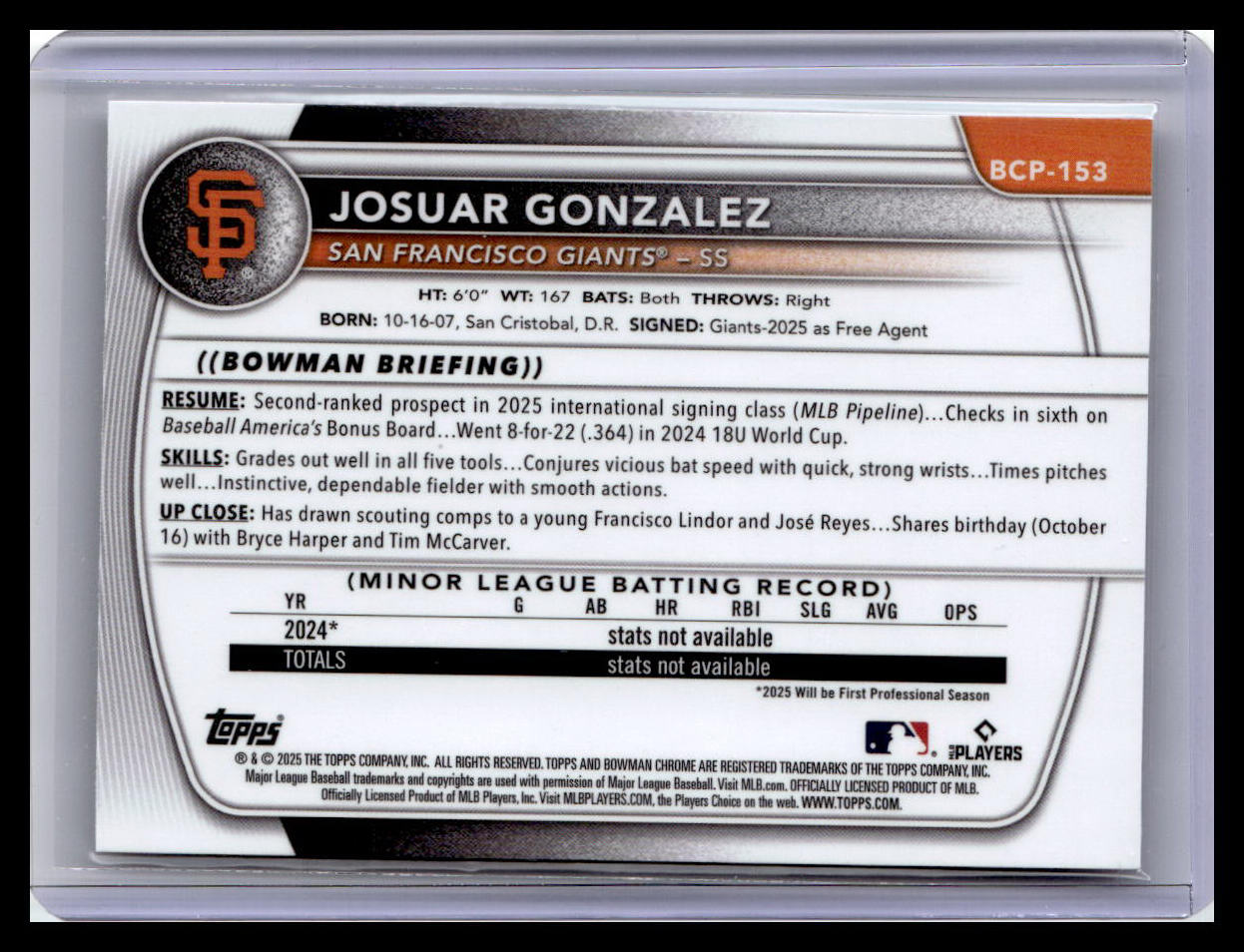 2025 Bowman Chrome #BCP-153 Josuar Gonzalez Prospects 1st Bowman Mojo