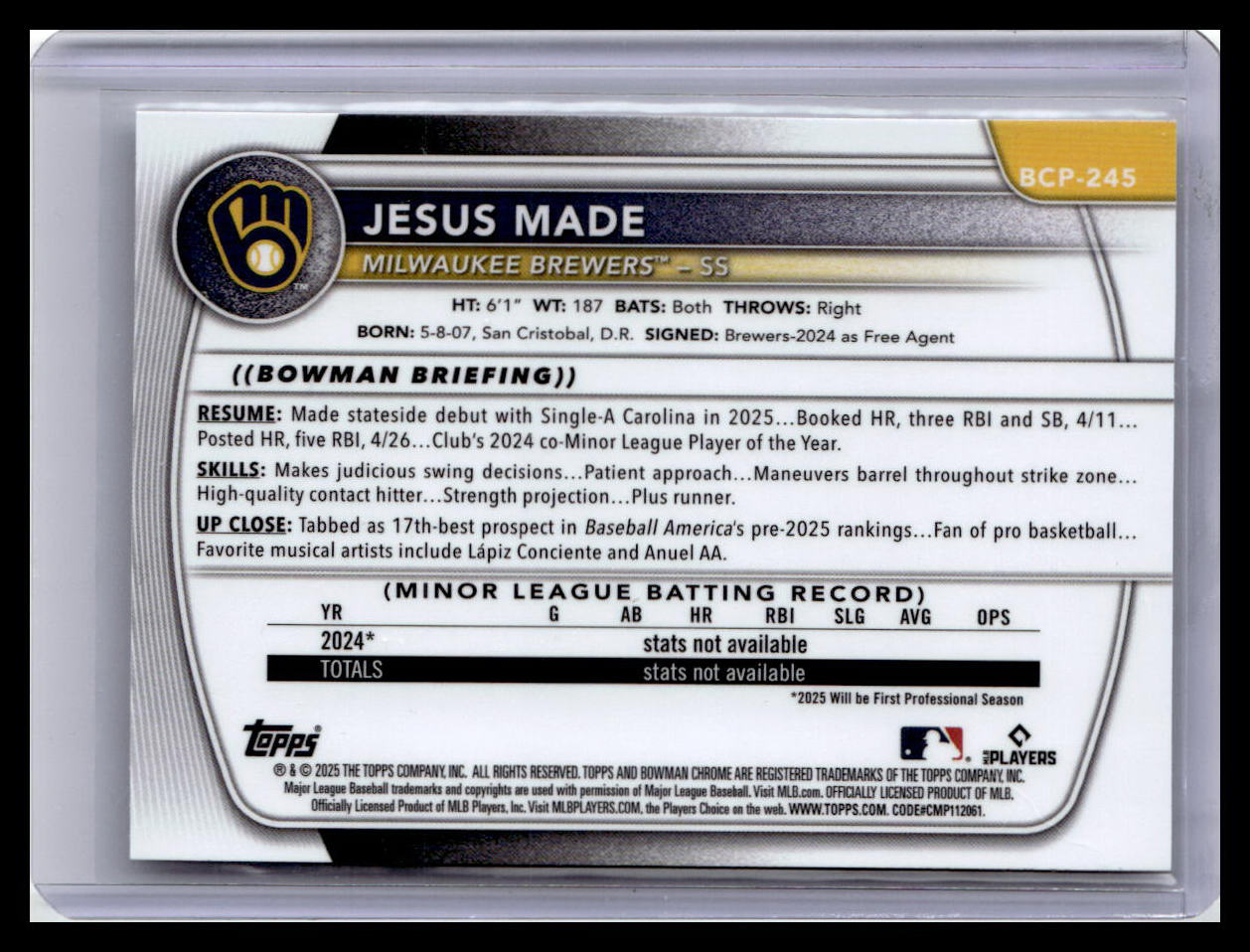 2025 Bowman Chrome #BCP-245 Jesus Made Prospects