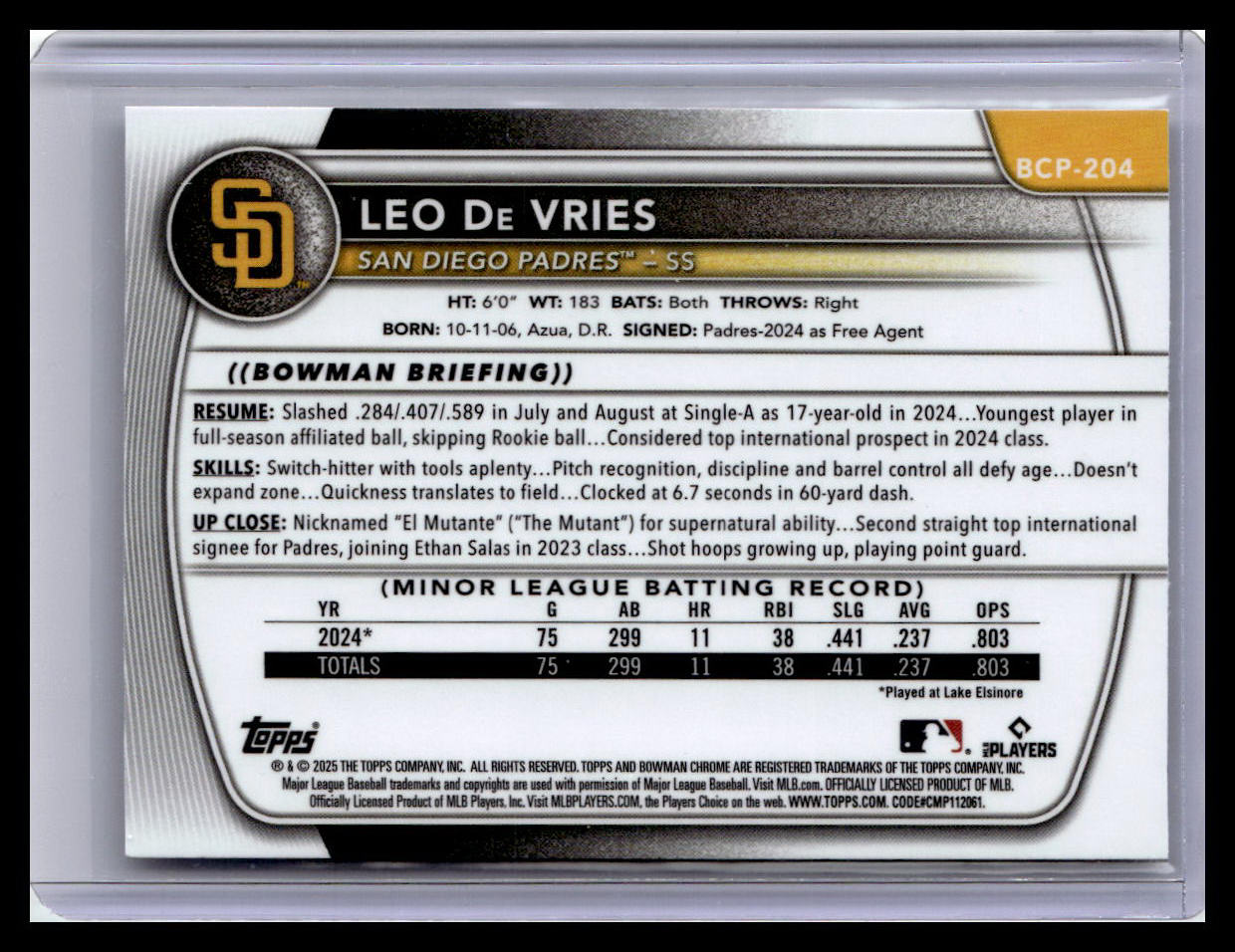 2025 Bowman Chrome #BCP-204 Leo De Vries Prospects