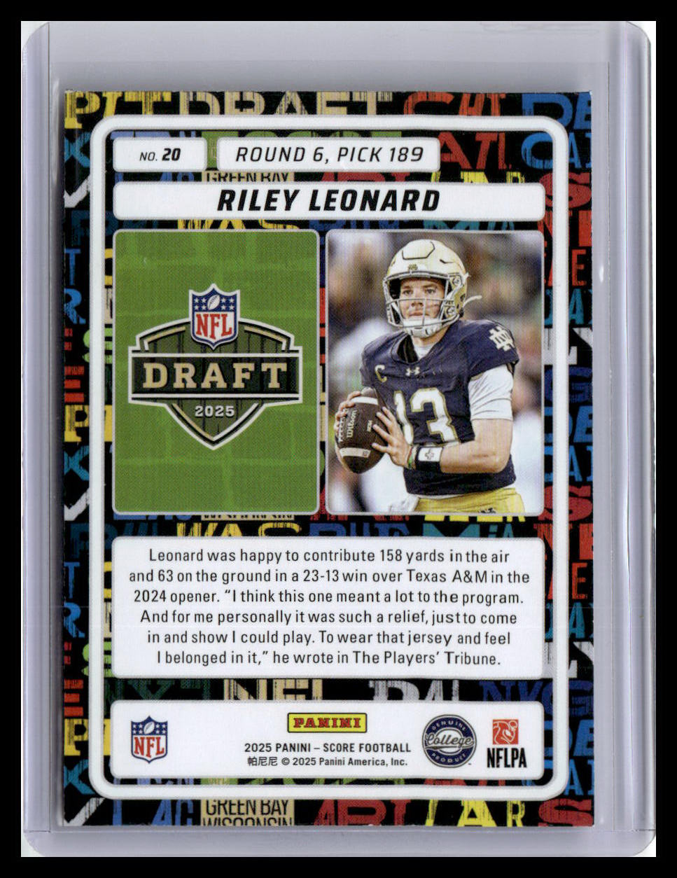 2025 Score #20 Riley Leonard NFL Draft