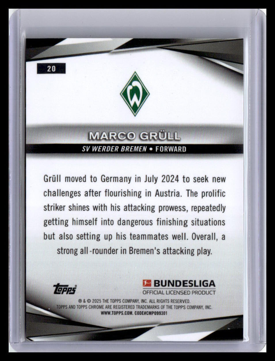 2024-25 Topps Chrome Bundesliga #20 Marco Grüll Pulsar Refractor