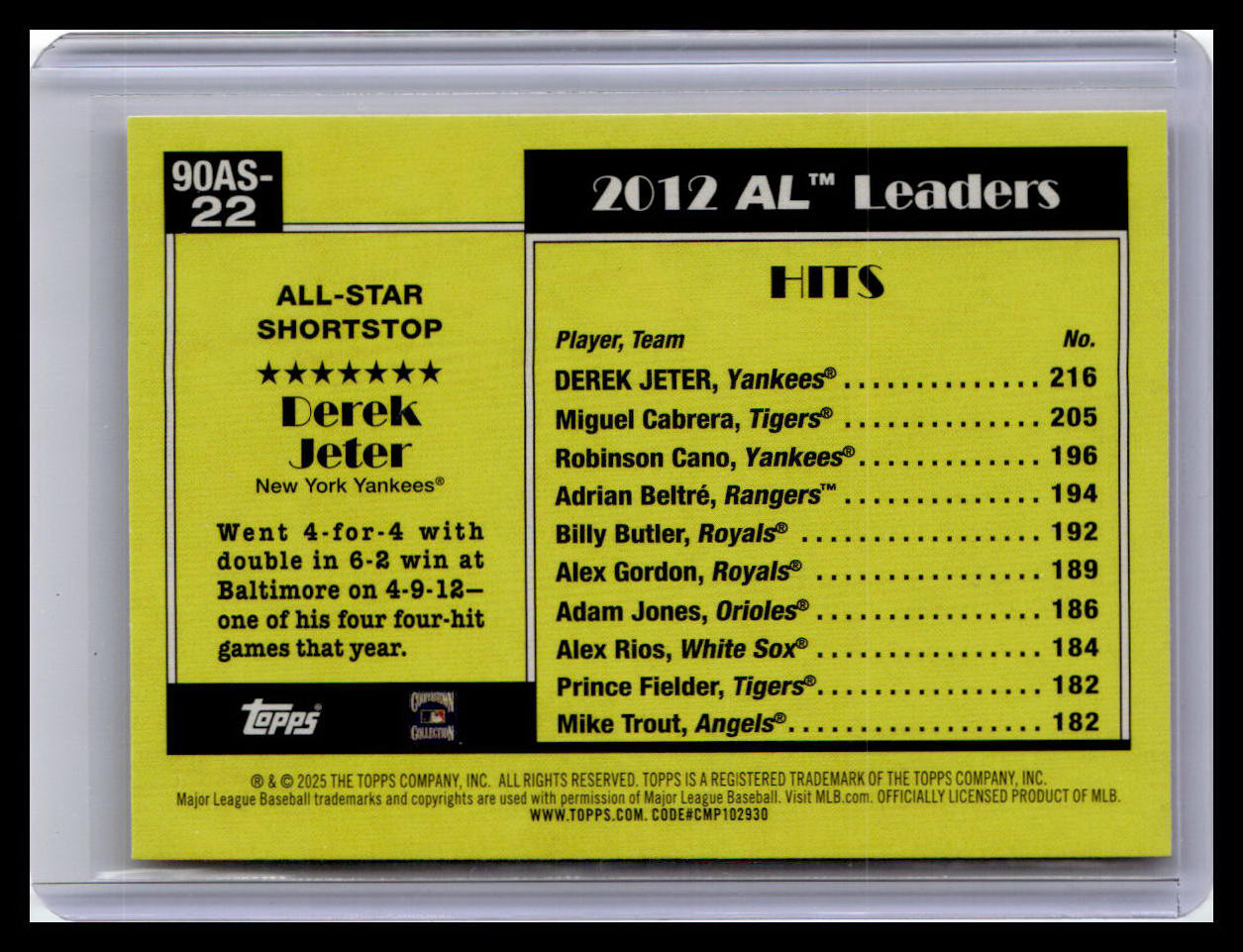 2025 Topps #90AS-22b Derek Jeter 1990 Topps 35th Anniversary All-Stars