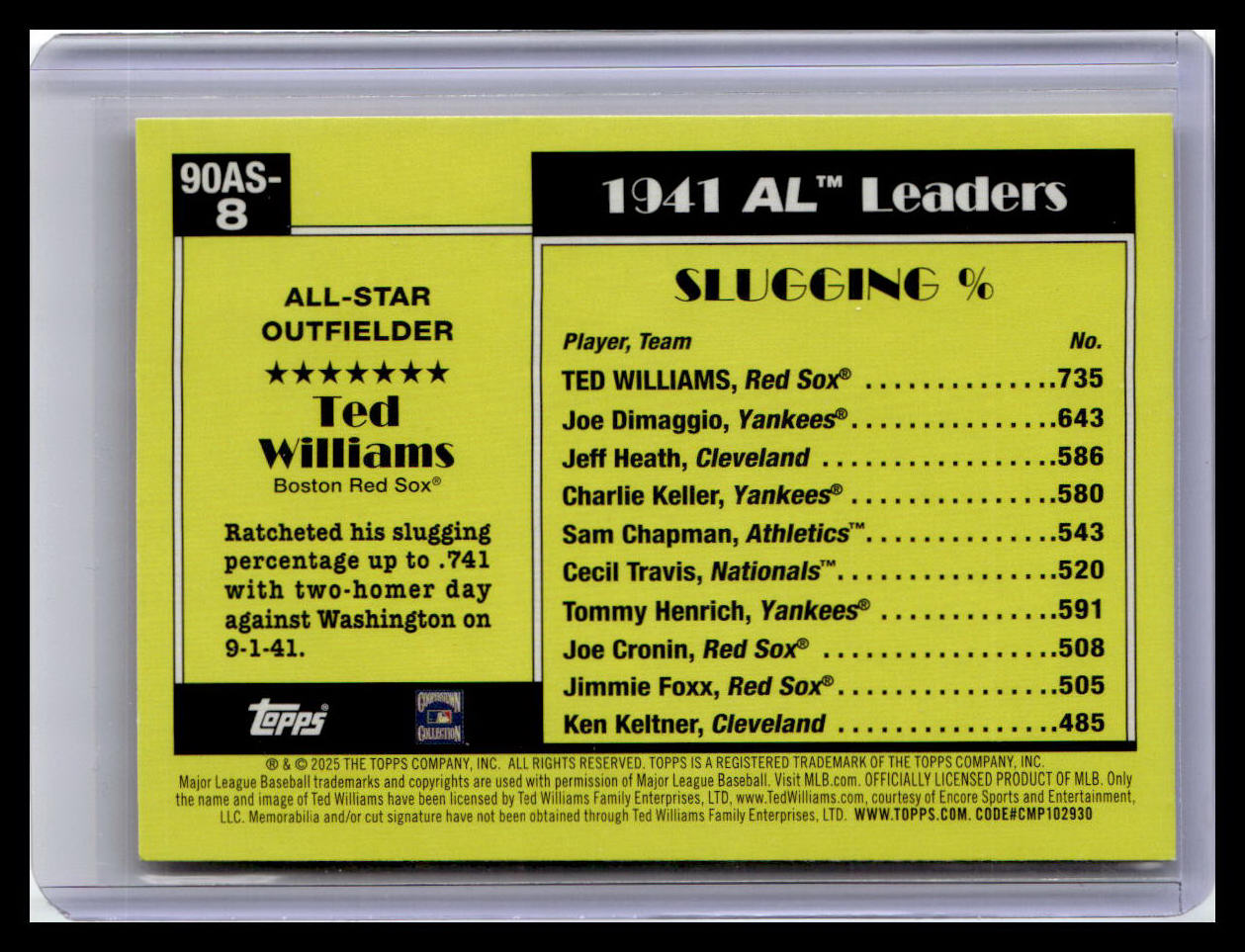 2025 Topps #90AS-8 Ted Williams 1990 Topps Baseball 35th Anniversary All-Stars