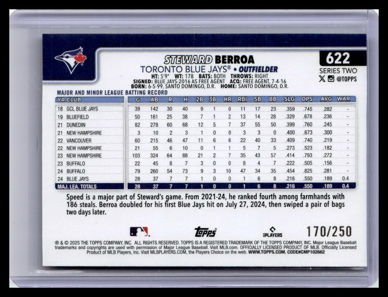 2025 Topps #622 Steward Berroa Purple Holo Foil #/250