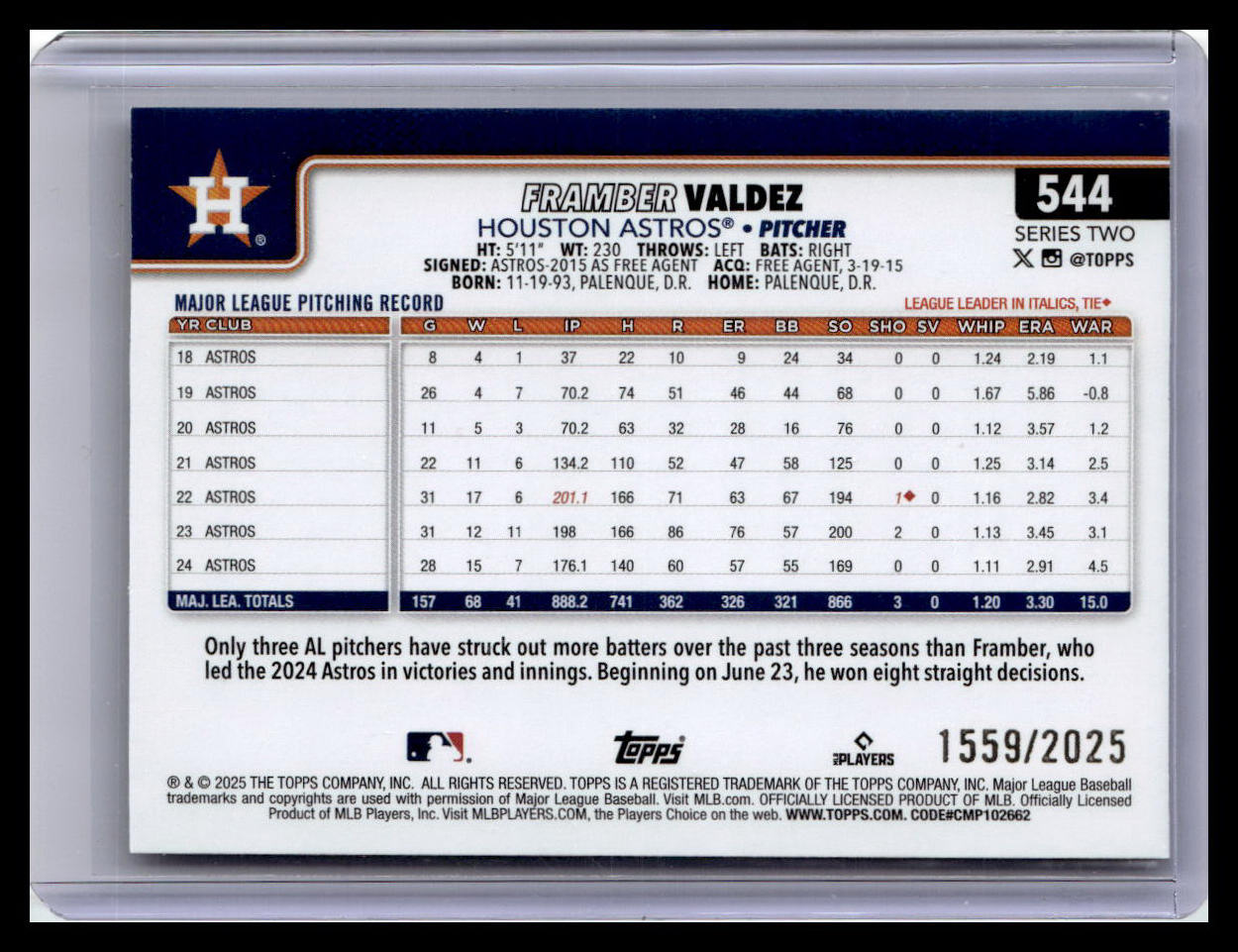 2025 Topps #544 Framber Valdez Gold #/2025
