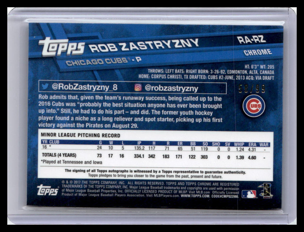 2017 Topps Chrome #RA-RZ Rob Zastryzny Rookie Autographs Green Refractor #/99