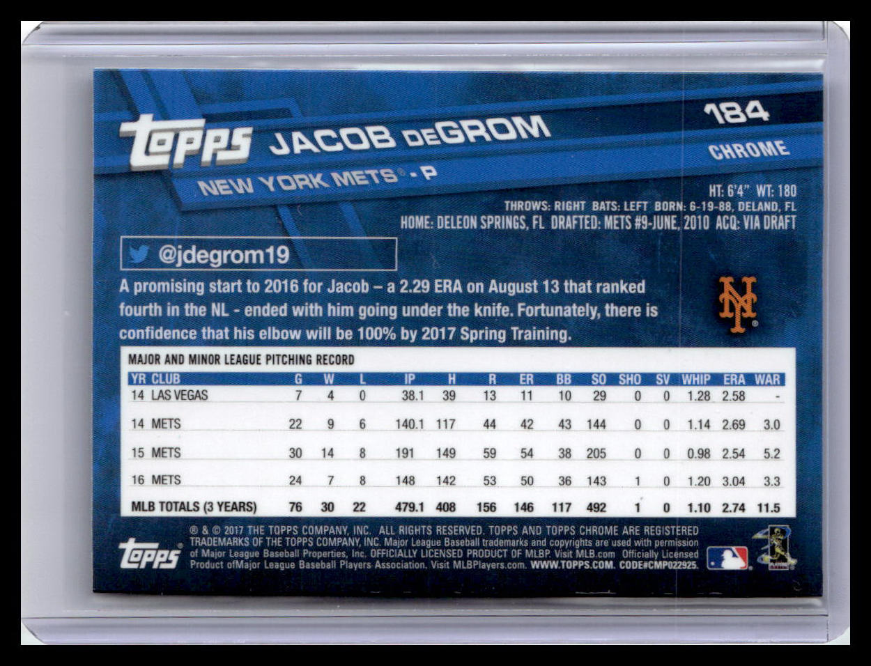 2017 Topps Chrome #184 Jacob DeGrom