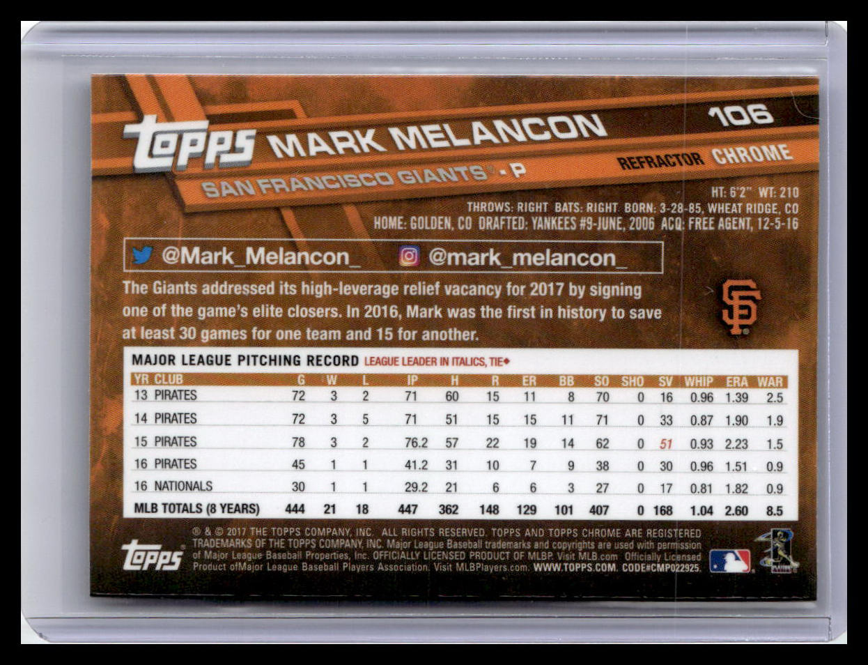 2017 Topps Chrome #106 Mark Melancon Refractor