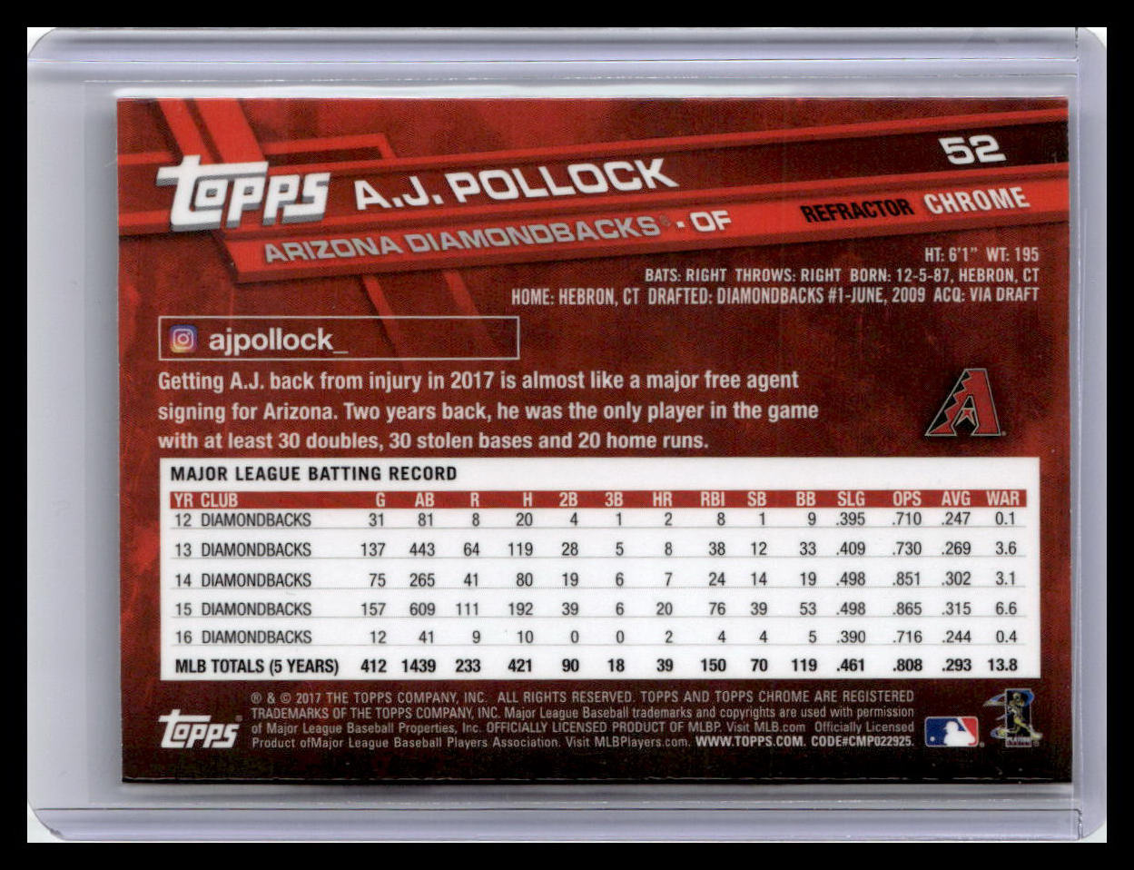 2017 Topps Chrome #52 A.J. Pollock Sepia Refractor