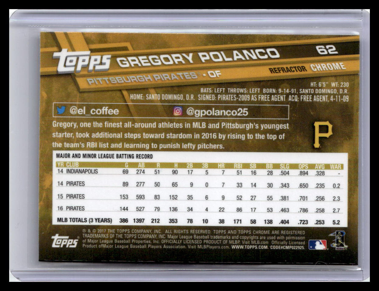 2017 Topps Chrome #62 Gregory Polanco Sepia Refractor
