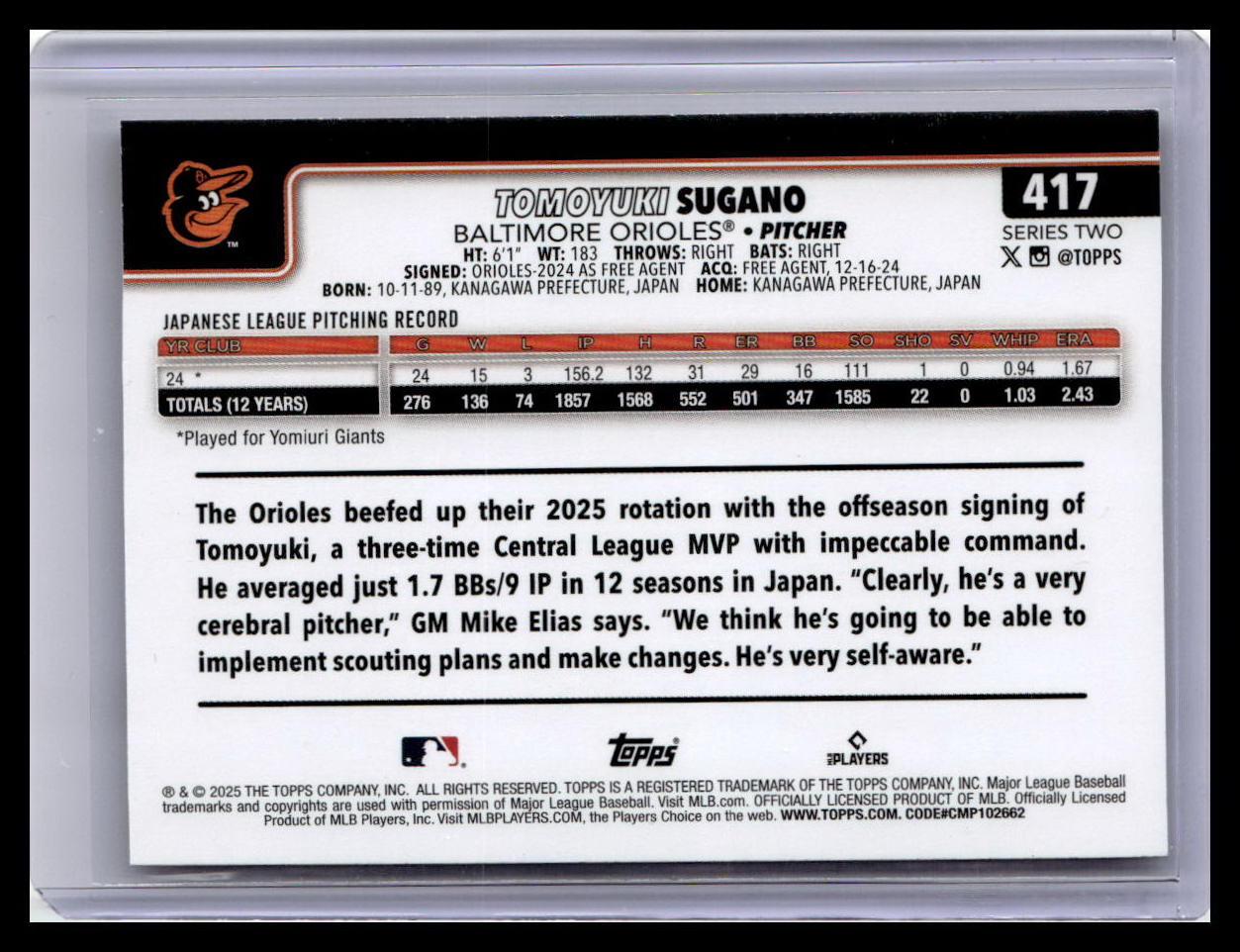 2025 Topps #417 Tomoyuki Sugano