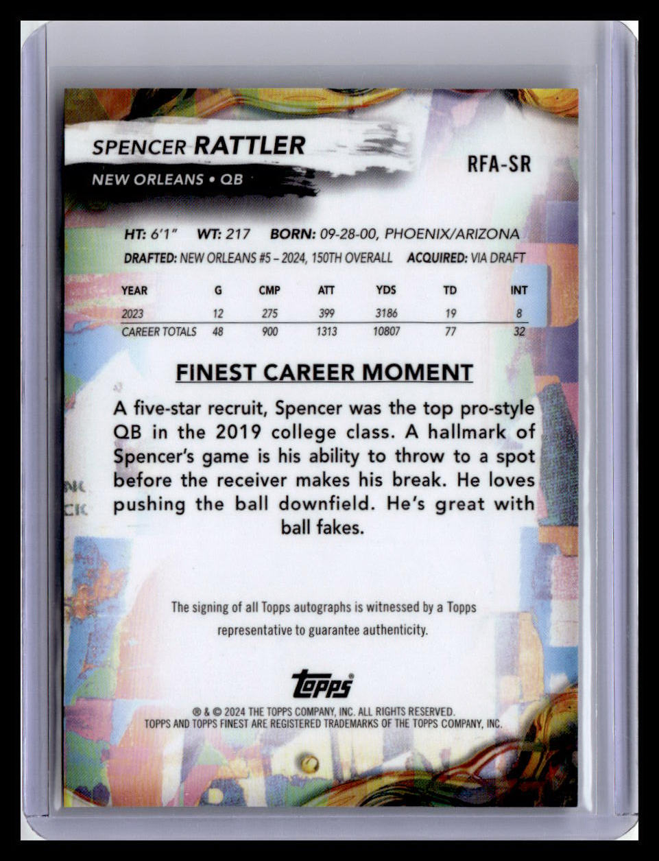2024 Finest #RFA-SR Spencer Rattler Rookie Finest Autographs
