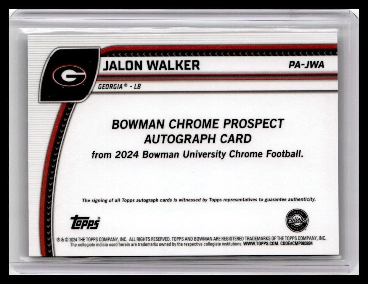 2024 Bowman University Chrome #PA-JWA Jalon Walker Prospect Auto 1st Bowman