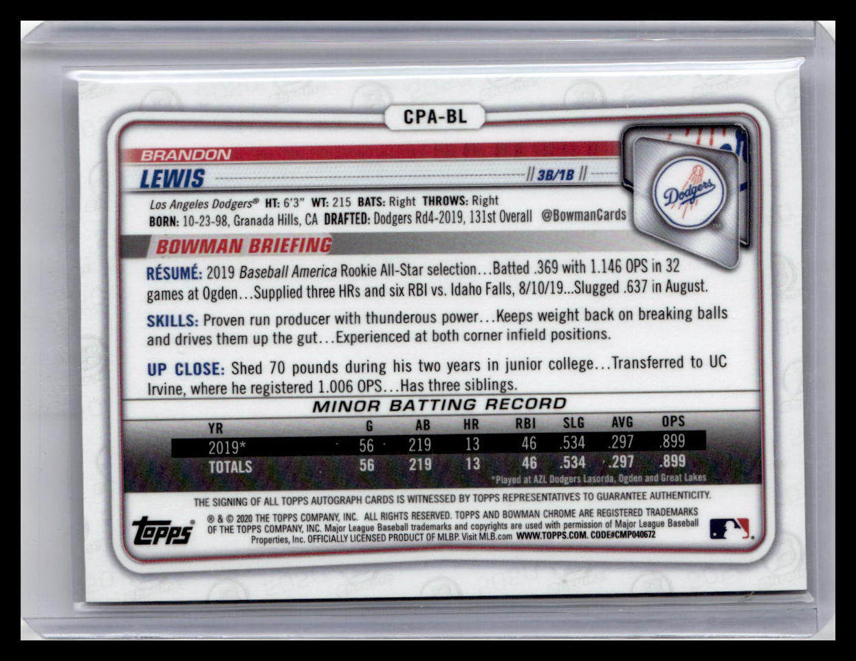 2020 Bowman Chrome #CPA-BL Brandon Lewis Prospect Autographs