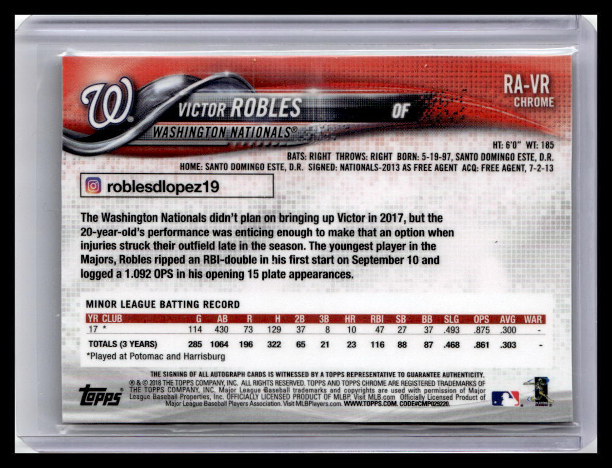 2018 Topps Chrome #RA-VR Victor Robles Rookie Autographs