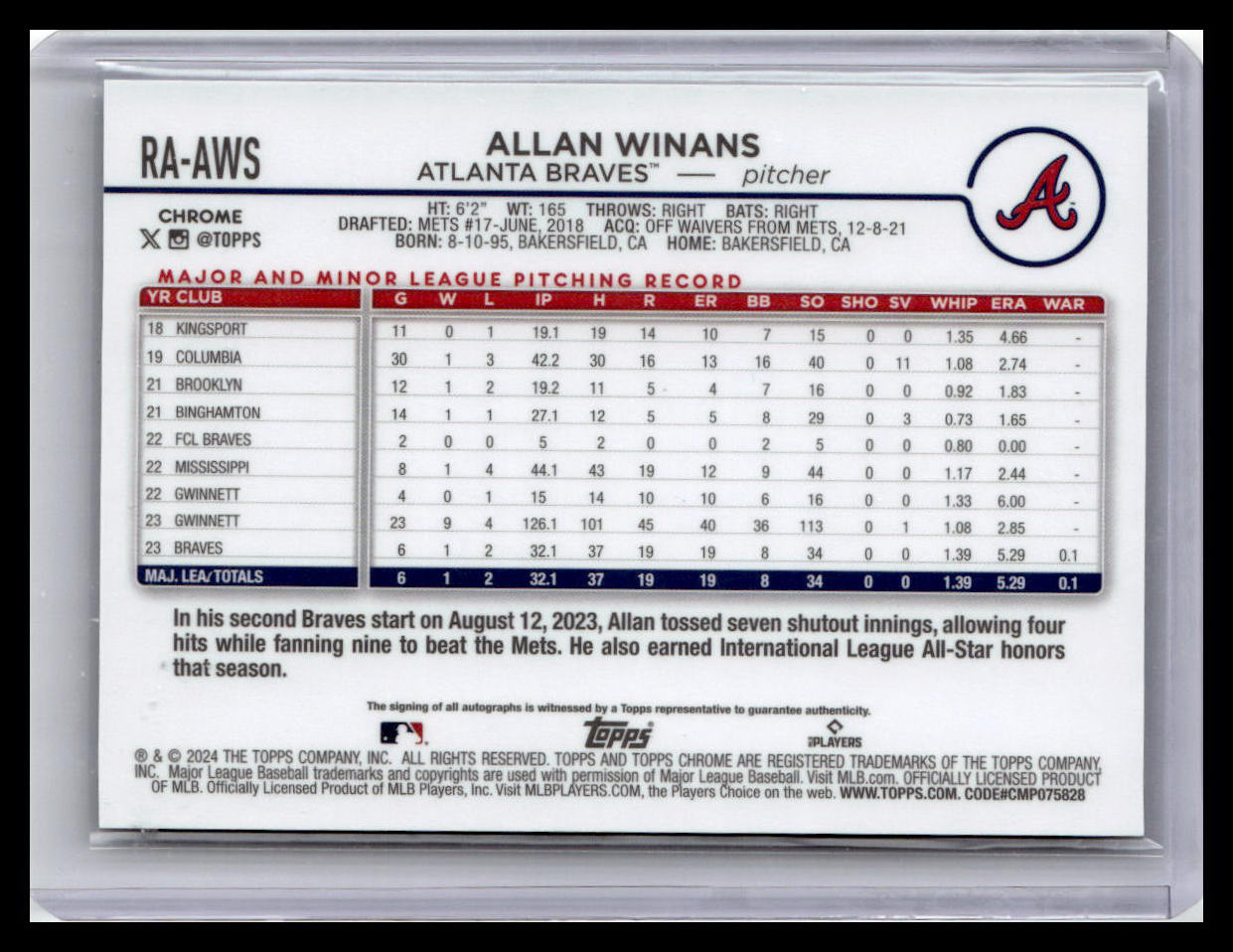 2024 Topps Chrome #RA-AWS Allan Winans Rookie Autographs Orange Refractor #/25