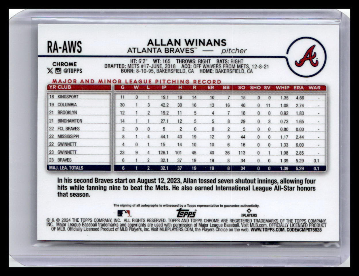 2024 Topps Chrome #RA-AWS Allan Winans Rookie Autographs