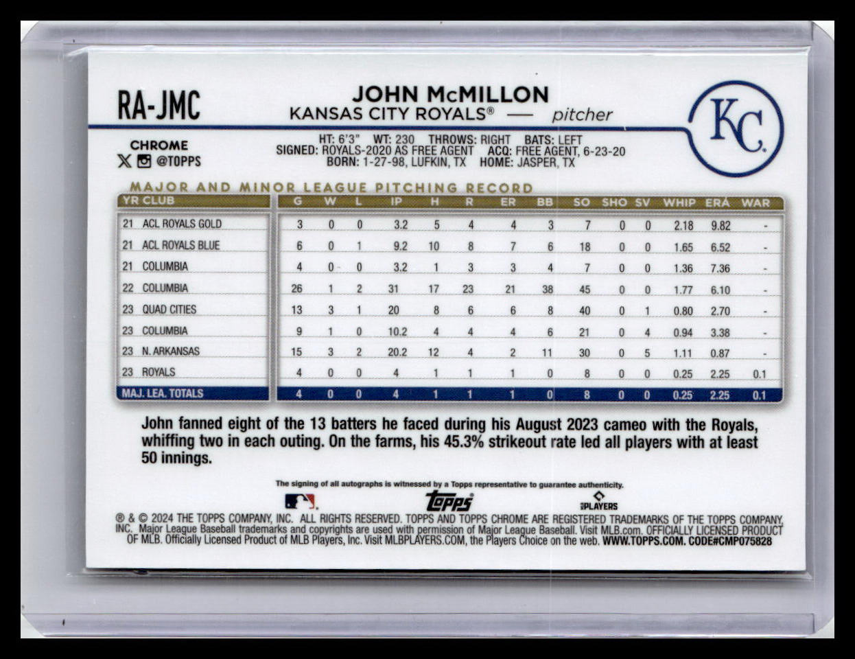 2024 Topps Chrome #RA-JMC John McMillon Rookie Autographs