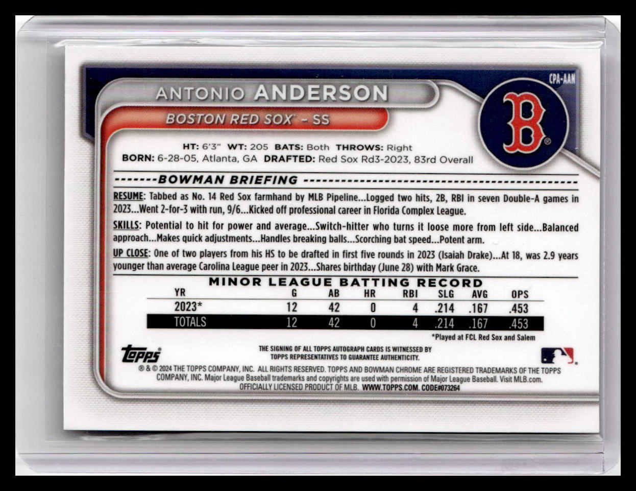 2024 Bowman #CPA-AAN Antonio Anderson Chrome Prospect Auto 1st Bowmn