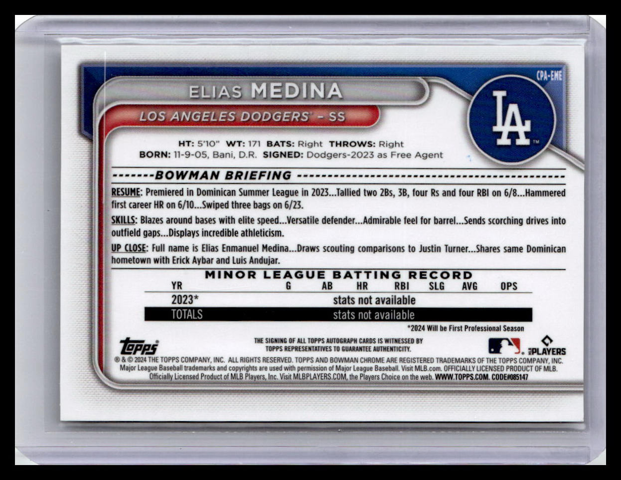 2024 Bowman Chrome #CPA-EME Elias Medina Prospect Auto 1st Bowman