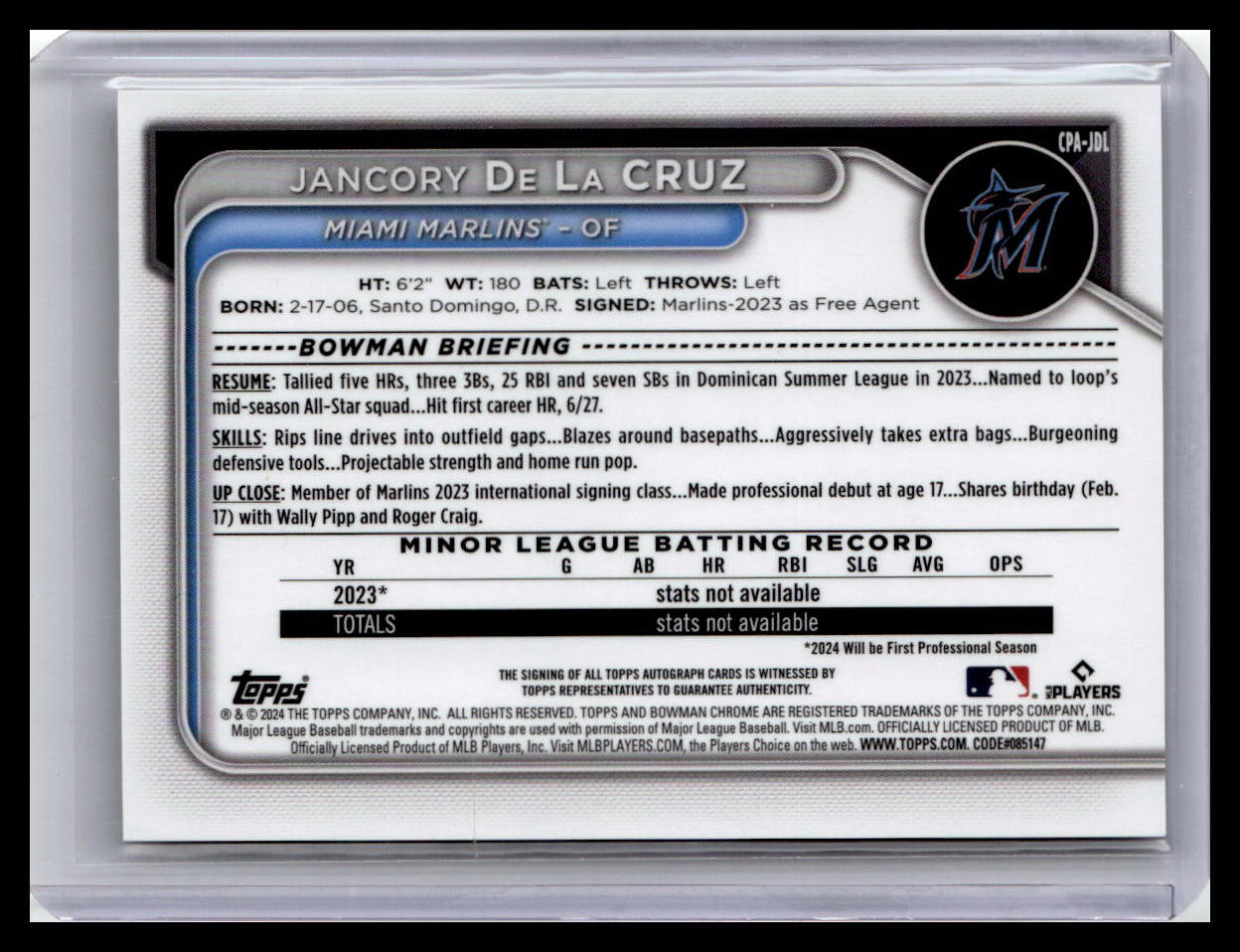 2024 Bowman Chrome #CPA-JDL Jancory De La Cruz Prospect Auto 1st Bowmn