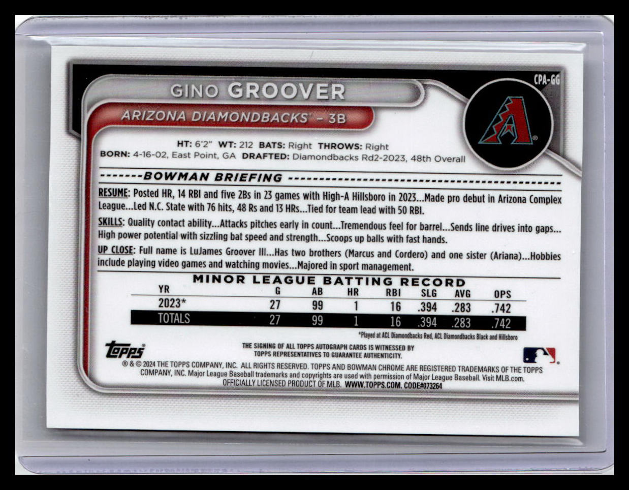 2024 Bowman #CPA-GG Gino Groover Chrome Prospect Auto 1st Bowman