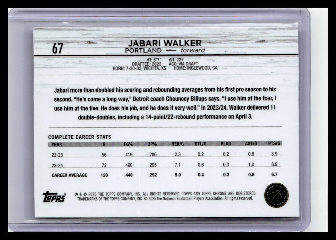 2024-25 Topps Chrome #67 Jabari Walker Pink Refractor