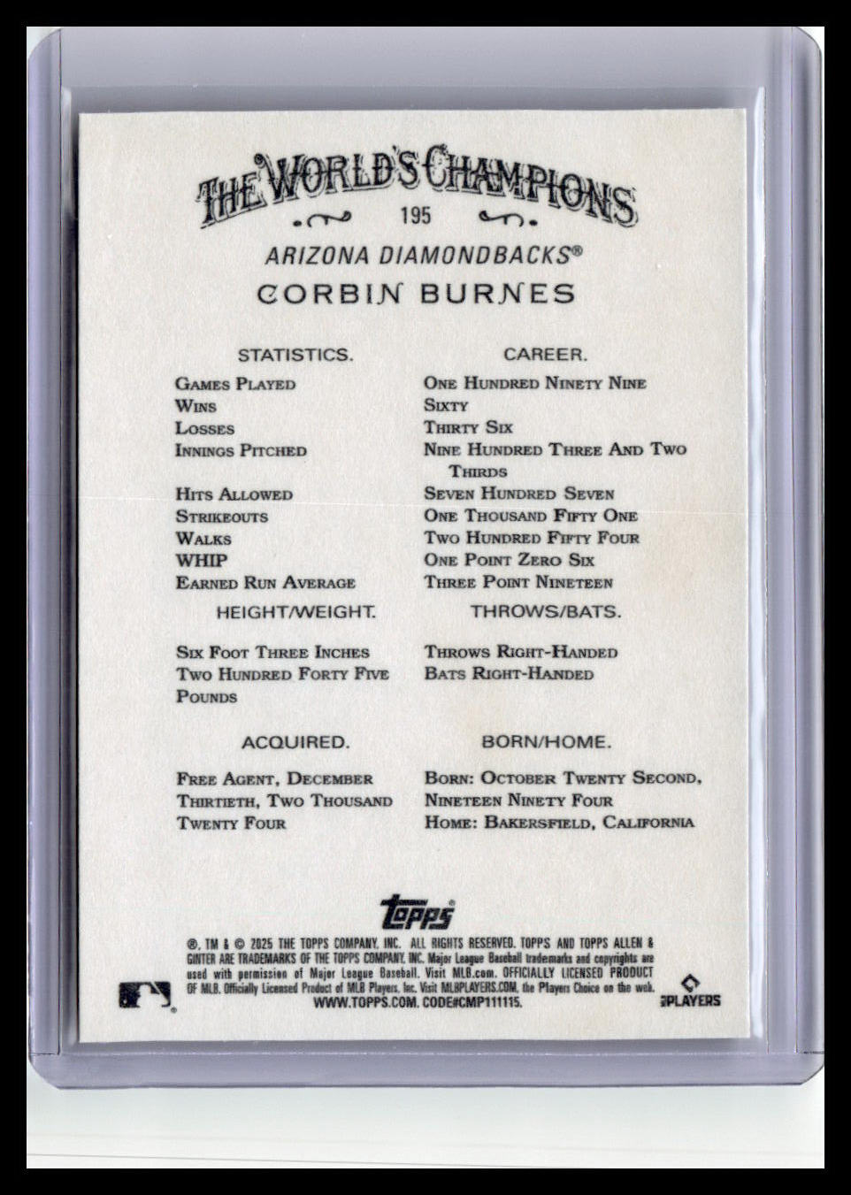 2025 Topps Allen & Ginter #195 Corbin Burnes