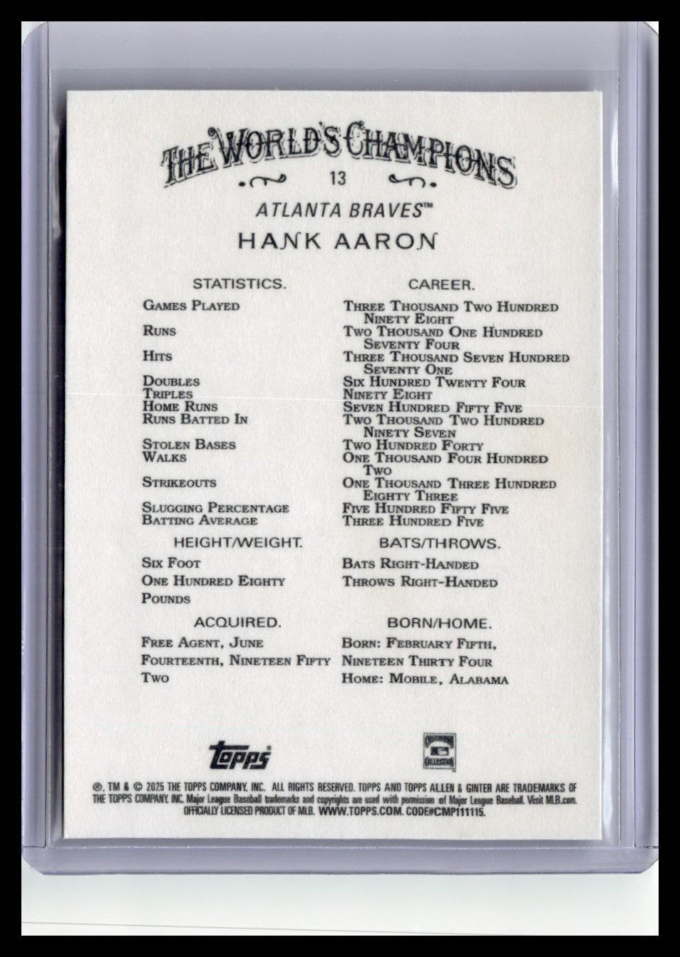 2025 Topps Allen & Ginter #13 Hank Aaron