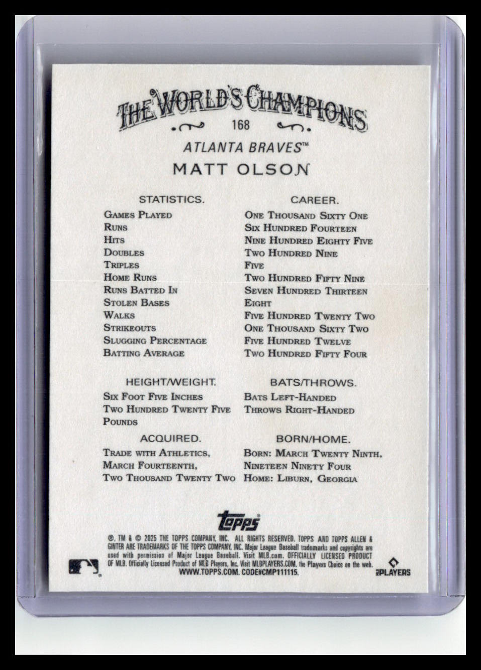 2025 Topps Allen & Ginter #168 Matt Olson